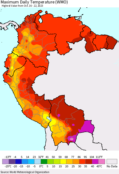 Northern South America Maximum Daily Temperature (WMO) Thematic Map For 10/16/2023 - 10/22/2023