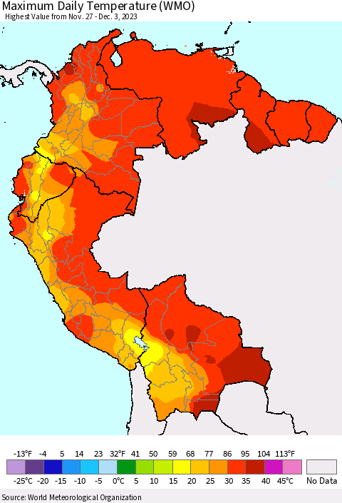 Northern South America Maximum Daily Temperature (WMO) Thematic Map For 11/27/2023 - 12/3/2023