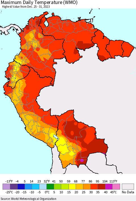 Northern South America Maximum Daily Temperature (WMO) Thematic Map For 12/25/2023 - 12/31/2023