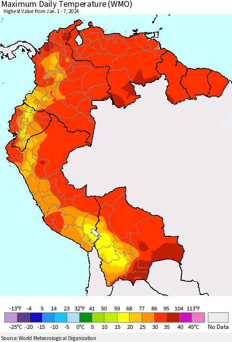 Northern South America Maximum Daily Temperature (WMO) Thematic Map For 1/1/2024 - 1/7/2024