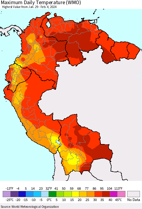 Northern South America Maximum Daily Temperature (WMO) Thematic Map For 1/29/2024 - 2/4/2024