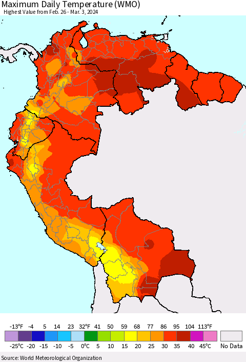 Northern South America Maximum Daily Temperature (WMO) Thematic Map For 2/26/2024 - 3/3/2024