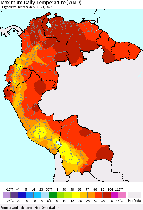 Northern South America Maximum Daily Temperature (WMO) Thematic Map For 3/18/2024 - 3/24/2024