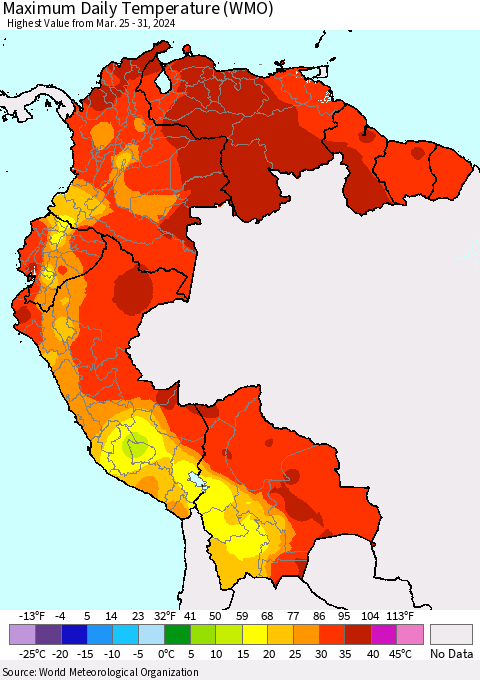 Northern South America Maximum Daily Temperature (WMO) Thematic Map For 3/25/2024 - 3/31/2024