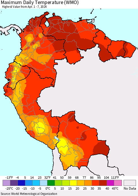 Northern South America Maximum Daily Temperature (WMO) Thematic Map For 4/1/2024 - 4/7/2024