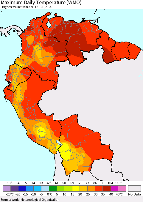 Northern South America Maximum Daily Temperature (WMO) Thematic Map For 4/15/2024 - 4/21/2024