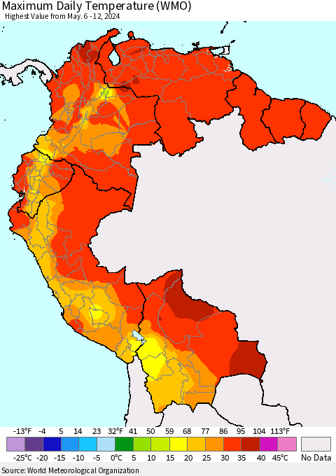 Northern South America Maximum Daily Temperature (WMO) Thematic Map For 5/6/2024 - 5/12/2024