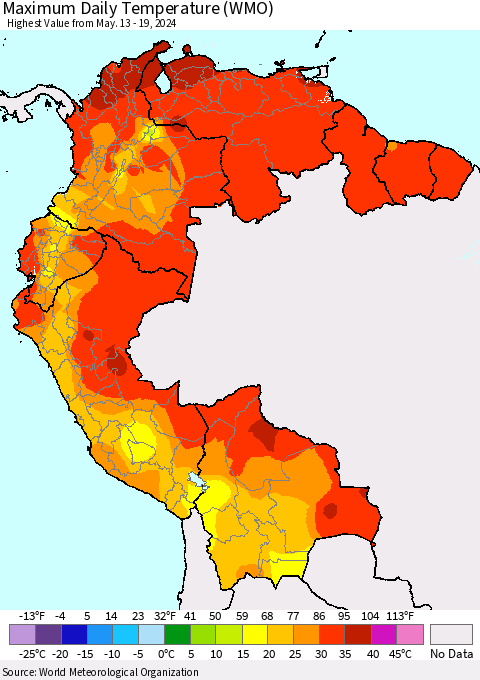 Northern South America Maximum Daily Temperature (WMO) Thematic Map For 5/13/2024 - 5/19/2024