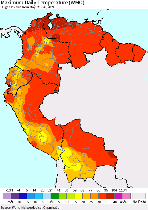 Northern South America Maximum Daily Temperature (WMO) Thematic Map For 5/20/2024 - 5/26/2024