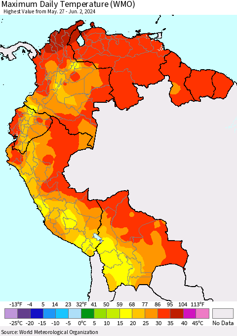 Northern South America Maximum Daily Temperature (WMO) Thematic Map For 5/27/2024 - 6/2/2024