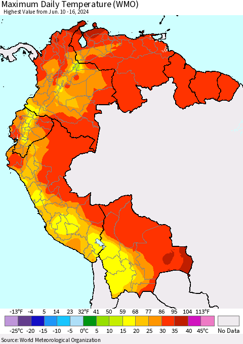 Northern South America Maximum Daily Temperature (WMO) Thematic Map For 6/10/2024 - 6/16/2024