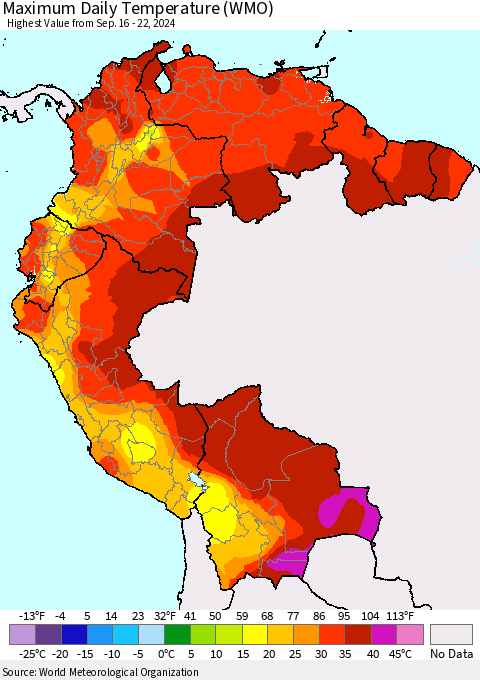 Northern South America Maximum Daily Temperature (WMO) Thematic Map For 9/16/2024 - 9/22/2024