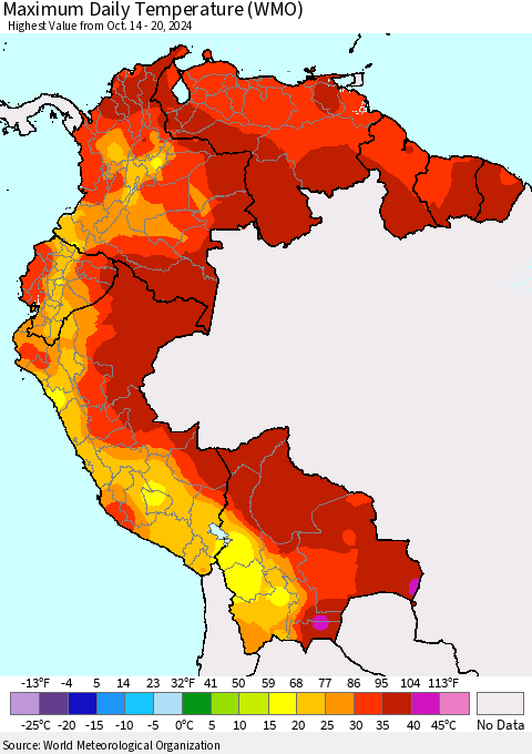Northern South America Maximum Daily Temperature (WMO) Thematic Map For 10/14/2024 - 10/20/2024