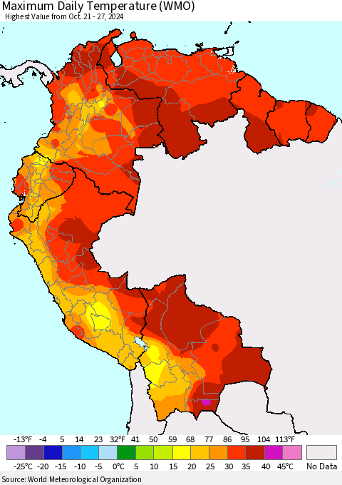 Northern South America Maximum Daily Temperature (WMO) Thematic Map For 10/21/2024 - 10/27/2024