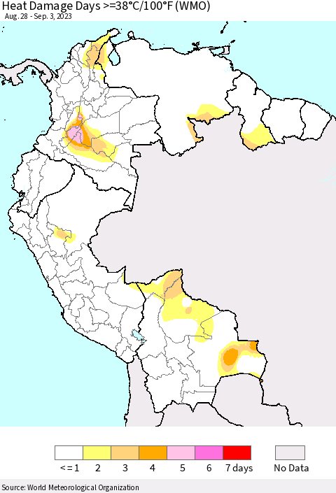 Northern South America Heat Damage Days >=38°C/100°F (WMO) Thematic Map For 8/28/2023 - 9/3/2023