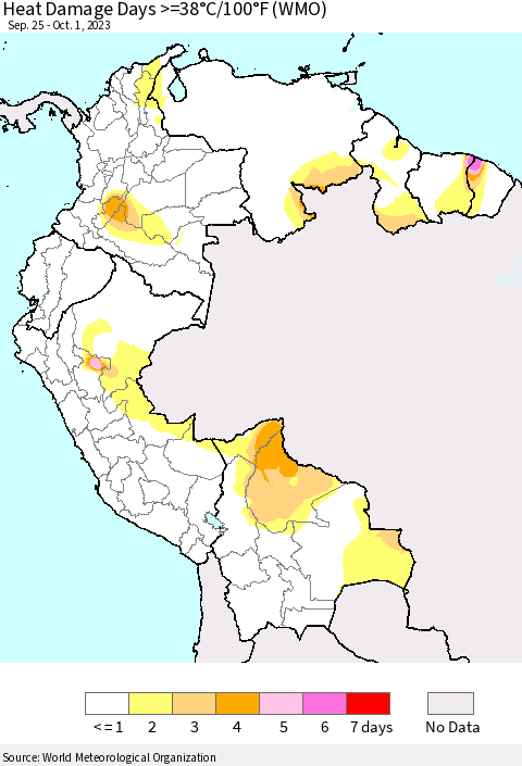 Northern South America Heat Damage Days >=38°C/100°F (WMO) Thematic Map For 9/25/2023 - 10/1/2023