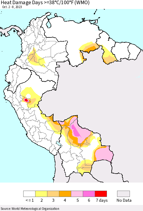 Northern South America Heat Damage Days >=38°C/100°F (WMO) Thematic Map For 10/2/2023 - 10/8/2023