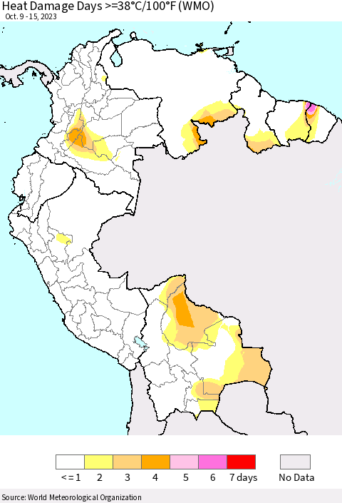 Northern South America Heat Damage Days >=38°C/100°F (WMO) Thematic Map For 10/9/2023 - 10/15/2023