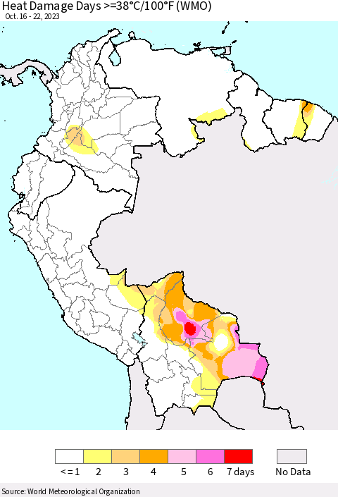 Northern South America Heat Damage Days >=38°C/100°F (WMO) Thematic Map For 10/16/2023 - 10/22/2023