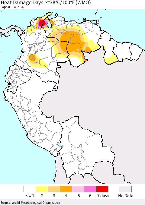 Northern South America Heat Damage Days >=38°C/100°F (WMO) Thematic Map For 4/8/2024 - 4/14/2024