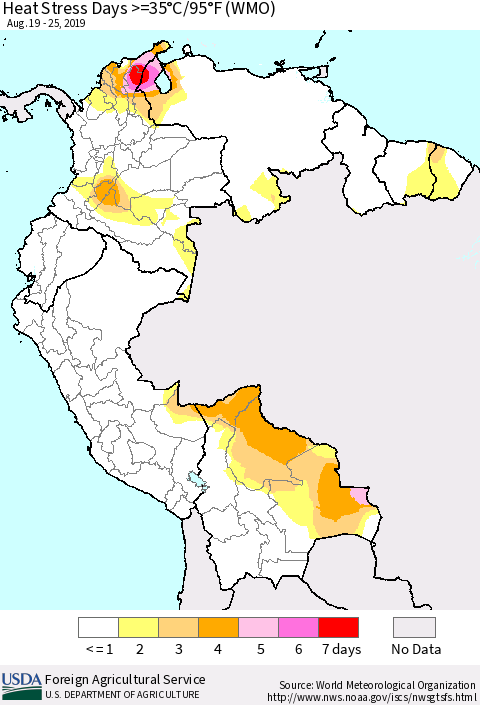 Northern South America Heat Stress Days >=35°C/95°F (WMO) Thematic Map For 8/19/2019 - 8/25/2019