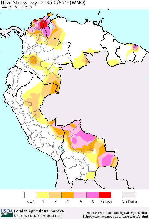 Northern South America Heat Stress Days >=35°C/95°F (WMO) Thematic Map For 8/26/2019 - 9/1/2019