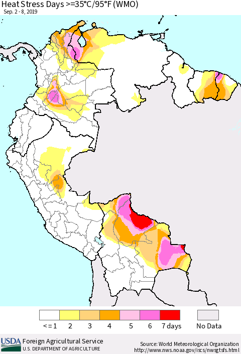 Northern South America Heat Stress Days >=35°C/95°F (WMO) Thematic Map For 9/2/2019 - 9/8/2019
