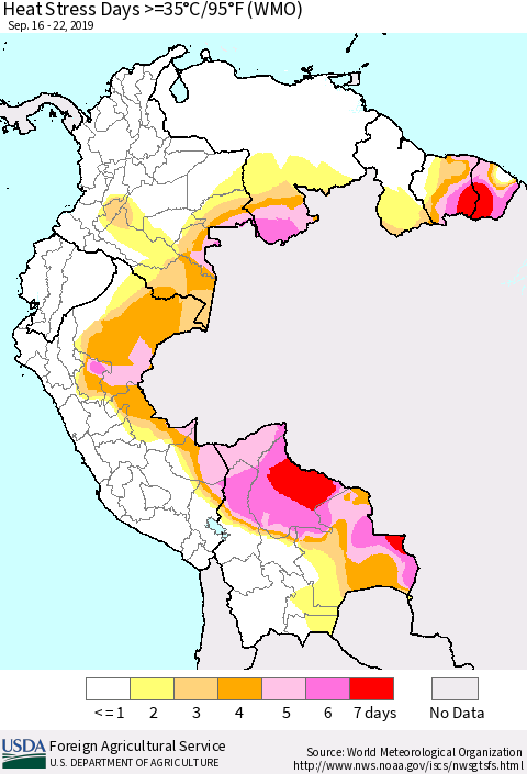 Northern South America Heat Stress Days >=35°C/95°F (WMO) Thematic Map For 9/16/2019 - 9/22/2019