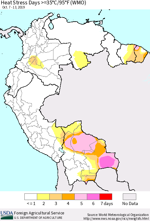 Northern South America Heat Stress Days >=35°C/95°F (WMO) Thematic Map For 10/7/2019 - 10/13/2019