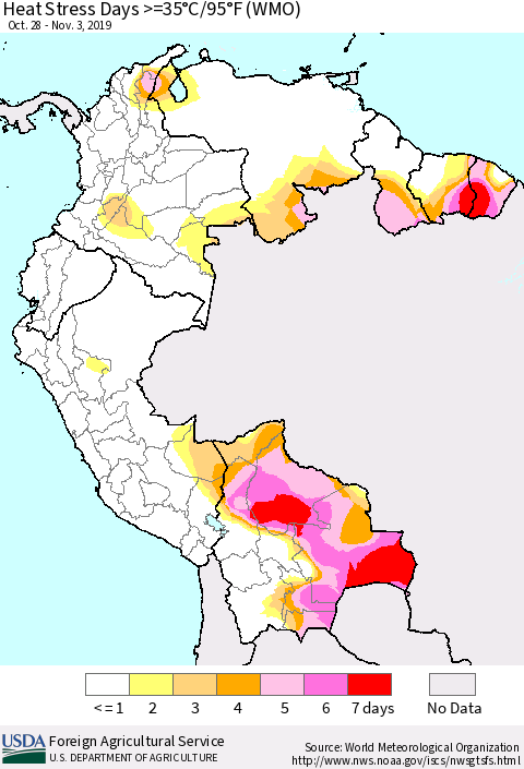 Northern South America Heat Stress Days >=35°C/95°F (WMO) Thematic Map For 10/28/2019 - 11/3/2019
