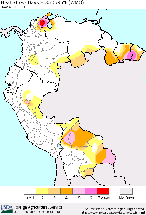 Northern South America Heat Stress Days >=35°C/95°F (WMO) Thematic Map For 11/4/2019 - 11/10/2019