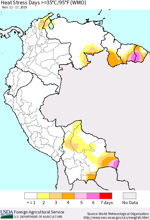 Northern South America Heat Stress Days >=35°C/95°F (WMO) Thematic Map For 11/11/2019 - 11/17/2019