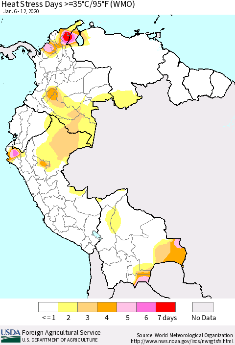 Northern South America Heat Stress Days >=35°C/95°F (WMO) Thematic Map For 1/6/2020 - 1/12/2020
