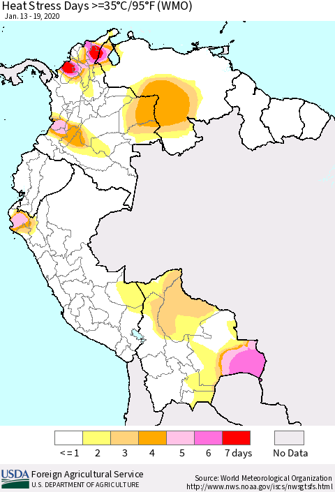 Northern South America Heat Stress Days >=35°C/95°F (WMO) Thematic Map For 1/13/2020 - 1/19/2020