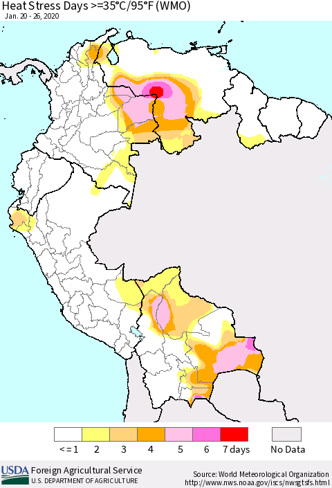 Northern South America Heat Stress Days >=35°C/95°F (WMO) Thematic Map For 1/20/2020 - 1/26/2020