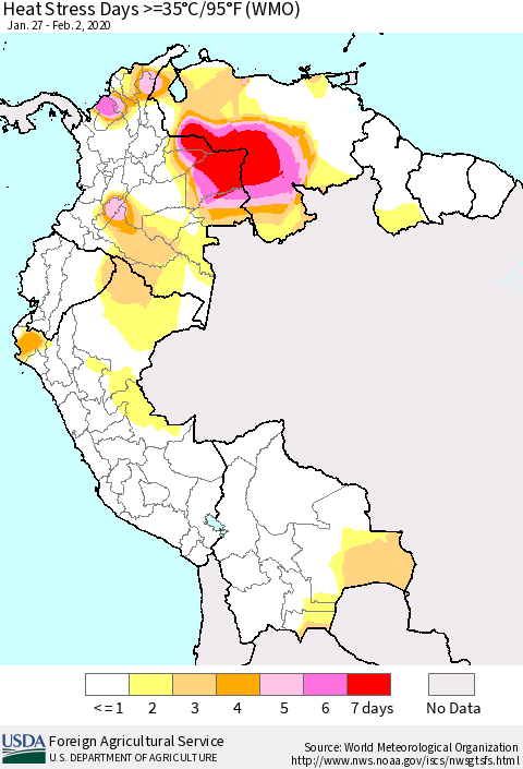 Northern South America Heat Stress Days >=35°C/95°F (WMO) Thematic Map For 1/27/2020 - 2/2/2020