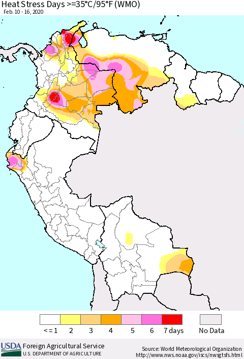 Northern South America Heat Stress Days >=35°C/95°F (WMO) Thematic Map For 2/10/2020 - 2/16/2020
