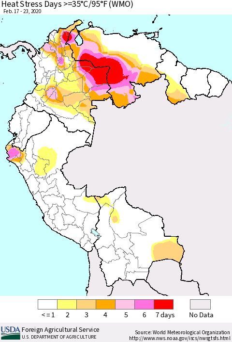 Northern South America Heat Stress Days >=35°C/95°F (WMO) Thematic Map For 2/17/2020 - 2/23/2020