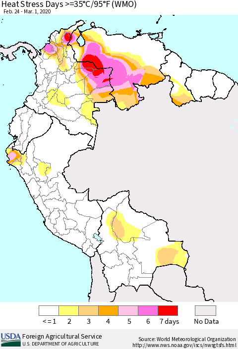 Northern South America Heat Stress Days >=35°C/95°F (WMO) Thematic Map For 2/24/2020 - 3/1/2020