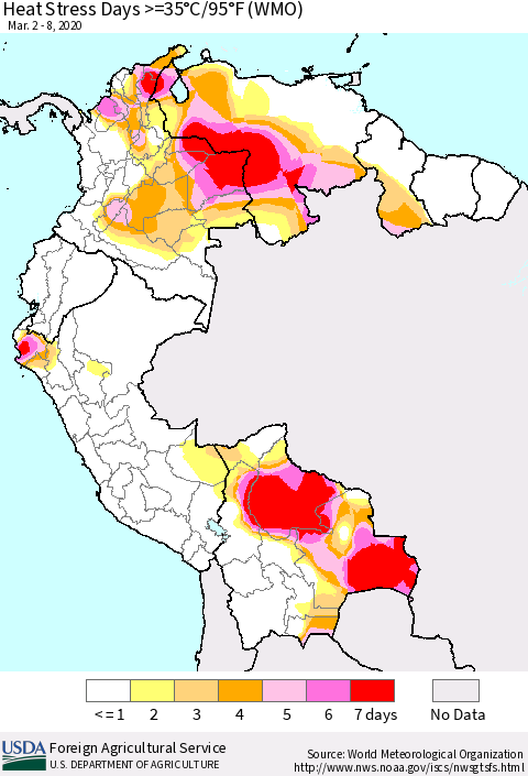 Northern South America Heat Stress Days >=35°C/95°F (WMO) Thematic Map For 3/2/2020 - 3/8/2020