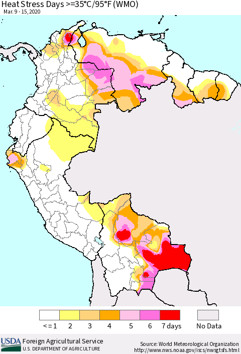 Northern South America Heat Stress Days >=35°C/95°F (WMO) Thematic Map For 3/9/2020 - 3/15/2020