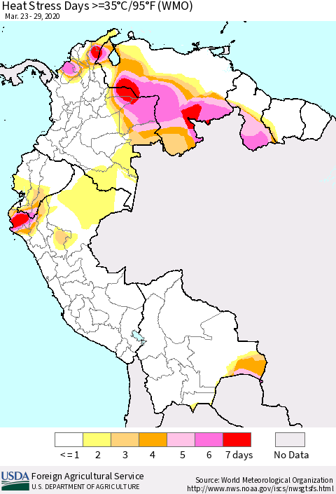 Northern South America Heat Stress Days >=35°C/95°F (WMO) Thematic Map For 3/23/2020 - 3/29/2020