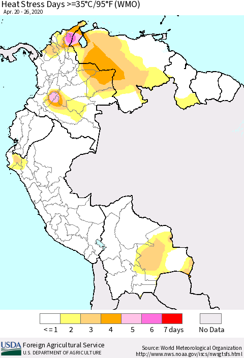 Northern South America Heat Stress Days >=35°C/95°F (WMO) Thematic Map For 4/20/2020 - 4/26/2020