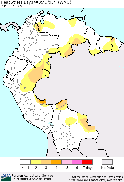 Northern South America Heat Stress Days >=35°C/95°F (WMO) Thematic Map For 8/17/2020 - 8/23/2020