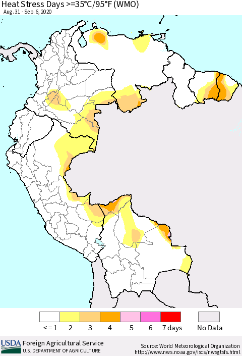 Northern South America Heat Stress Days >=35°C/95°F (WMO) Thematic Map For 8/31/2020 - 9/6/2020