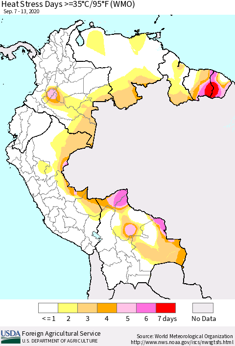 Northern South America Heat Stress Days >=35°C/95°F (WMO) Thematic Map For 9/7/2020 - 9/13/2020