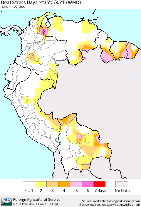 Northern South America Heat Stress Days >=35°C/95°F (WMO) Thematic Map For 9/21/2020 - 9/27/2020