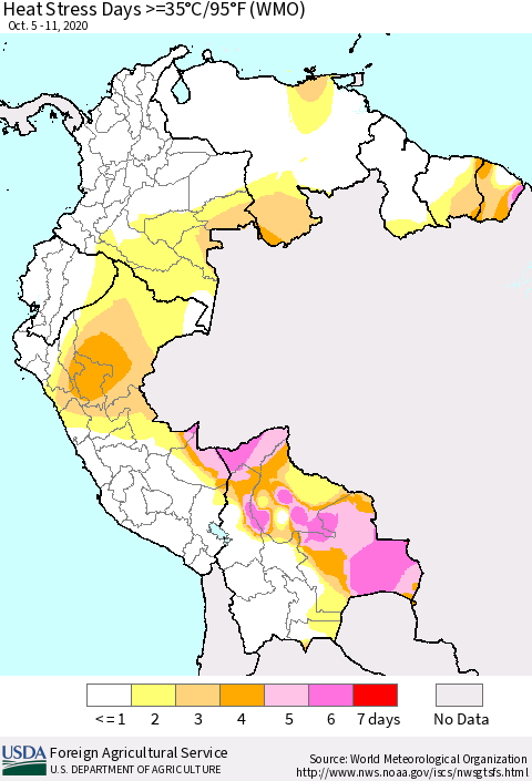 Northern South America Heat Stress Days >=35°C/95°F (WMO) Thematic Map For 10/5/2020 - 10/11/2020