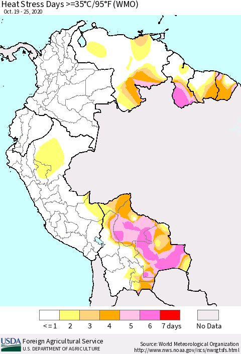 Northern South America Heat Stress Days >=35°C/95°F (WMO) Thematic Map For 10/19/2020 - 10/25/2020