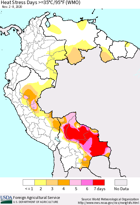 Northern South America Heat Stress Days >=35°C/95°F (WMO) Thematic Map For 11/2/2020 - 11/8/2020